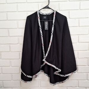 V. FRAAS Black Open Front Shawl/Cardigan with Gray Plaid Trim.  O/S NWT